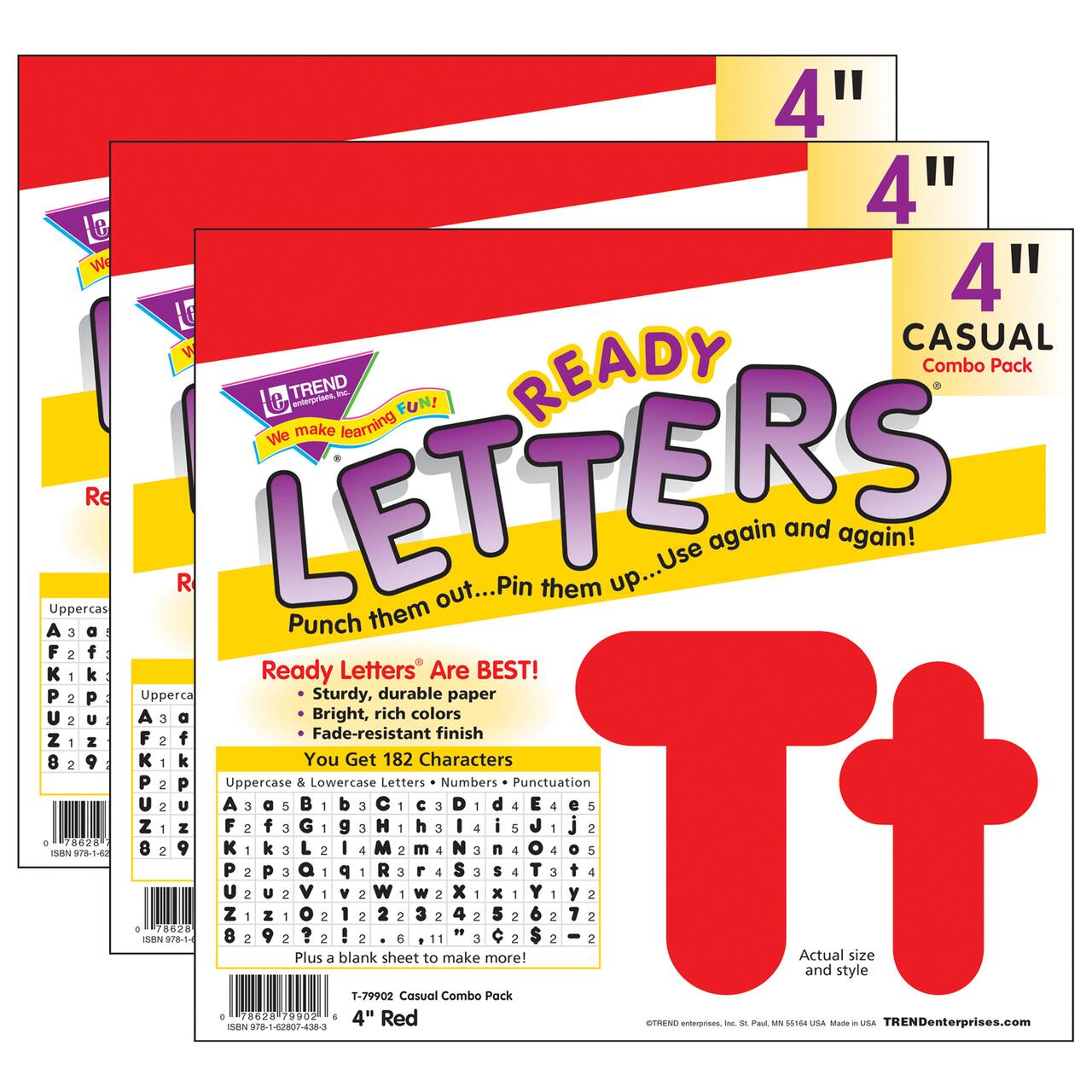 TREND Enterprises® 4" Red Casual Uppercase/Lowercase Combo Pack Ready Letters®, 3 Pack of 182